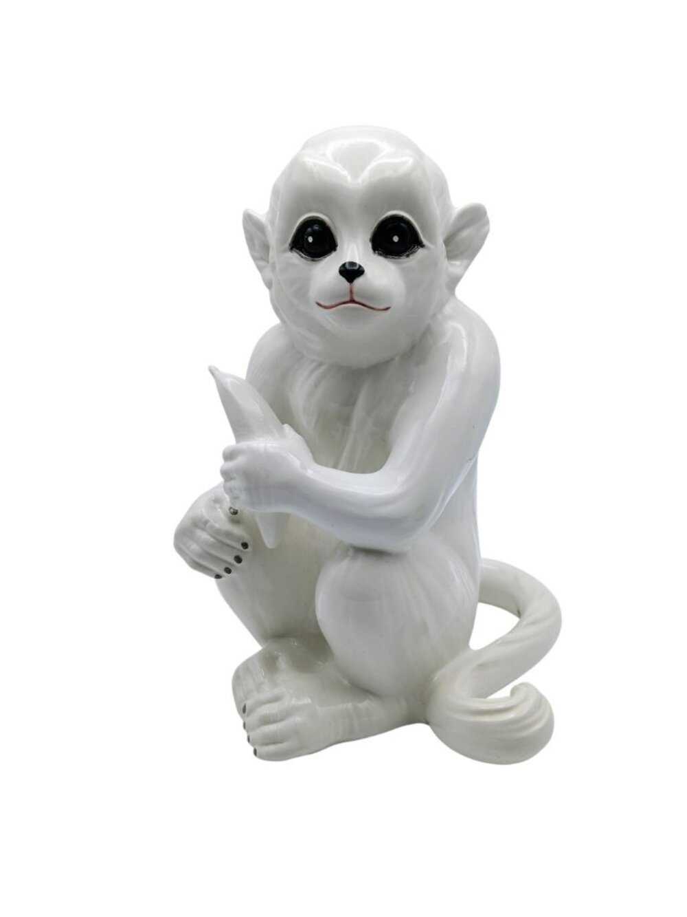 Vintage Italian Porcelain Monkey with Banana 12" Tall White Glazed Ceramic Italy